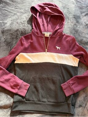 Victoria's Secret PINK Maroon, Cream & Black Colorblock Half-Zip Hoodie